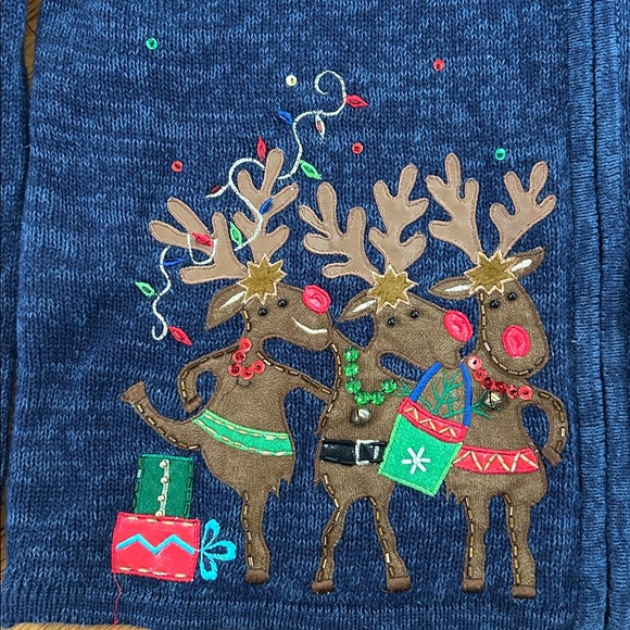 Festive Reindeer Ugly Christmas Sweater full zippered reindeer jingle bells - Picture 2 of 6